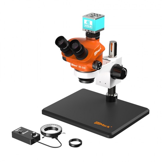 G2Mark RE-50X With RF4 4K Ultra HD Camera (3D Continuous Zoom) 7X~50X Trinocular Stereo Microscope With 0.5X CTV Camera Zoom Lens & LED Adjustable Light Exclusive Quality - Medium Base