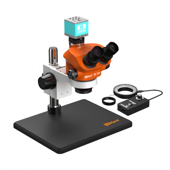 G2Mark RE-50X With RF4 4K Ultra HD Camera (3D Continuous Zoom) 7X~50X Trinocular Stereo Microscope With 0.5X CTV Camera Zoom Lens & LED Adjustable Light Exclusive Quality - Medium Base