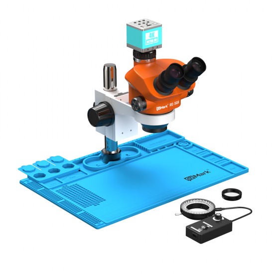 G2Mark RE-50X With RF4 4K Ultra HD Camera (3D Continuous Zoom) 7X~50X Trinocular Stereo Microscope With 0.5X CTV Camera Zoom Lens & LED Adjustable Light Exclusive Quality - Blue Base