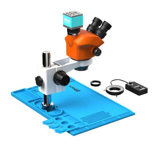 G2Mark RE-50X With RF4 4K Ultra HD Camera (3D Continuous Zoom) 7X~50X Trinocular Stereo Microscope With 0.5X CTV Camera Zoom Lens & LED Adjustable Light Exclusive Quality - Blue Base