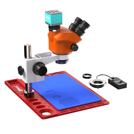 G2Mark RE-50X With RF4 4K Ultra HD Camera (3D Continuous Zoom) 7X~50X Trinocular Stereo Microscope With 0.5X CTV Camera Zoom Lens & LED Adjustable Light Exclusive Quality - Red Base