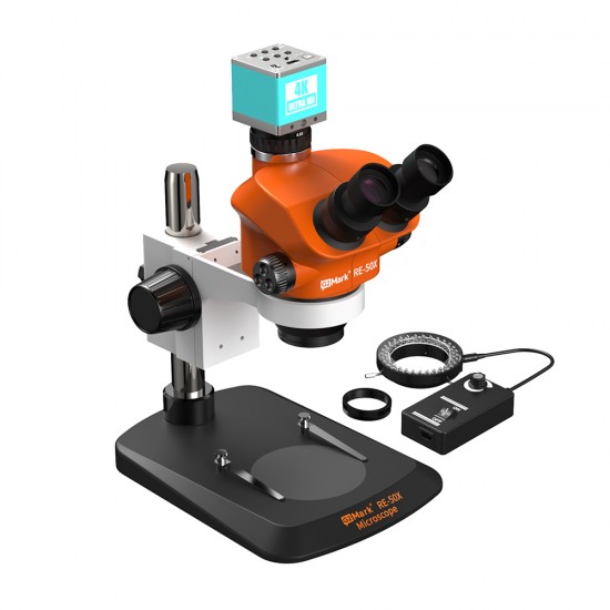 G2Mark RE-50X With RF4 4K Ultra HD Camera (3D Continuous Zoom) 7X~50X Trinocular Stereo Microscope With 0.5X CTV Camera Zoom Lens & LED Adjustable Light Exclusive Quality - Small Base