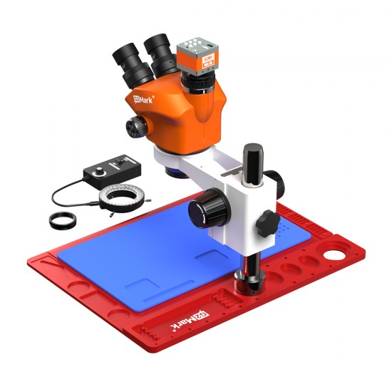 G2Mark RE-50X With 62MP HD Camera (3D Continuous Zoom) 7X~50X Trinocular Stereo Microscope With 0.5X CTV Camera Zoom Lens & LED Adjustable Light Exclusive Quality - Red Base