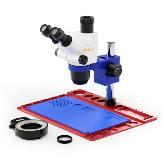 G2Mark RE-67T 6.5X-65X Trinocular Full HD Stereo Microscope With Zooming 0.5X CTV Camera Lens & LED Adjustable Light Exclusive Quality - Red Base