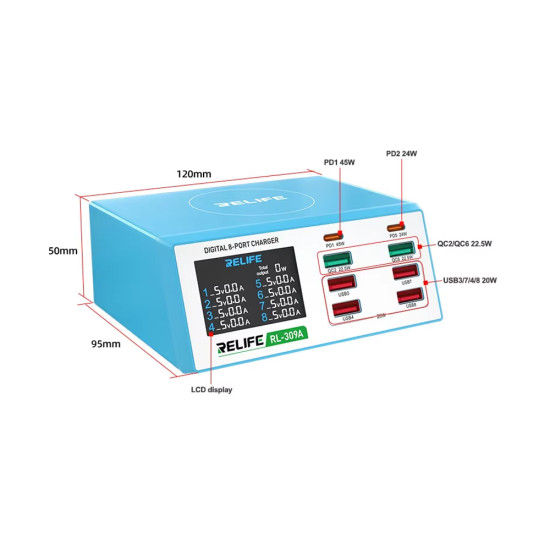 Relife RL-309A High Power 8-Port Fast Charging Digital Display USB Charger (100W Max Output)