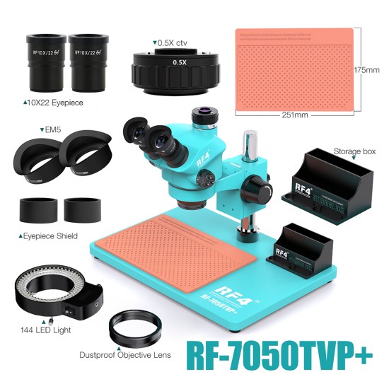 RF4 RF7050-TVP+ (3D Continuous Zoom) 7X~50X Trinocular Stereo Microscope With 0.5X CTV Camera Zoom Lens & LED Adjustable Light With Free Gift