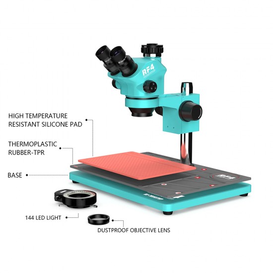 RF4 RF7050TVP-P02 With Mat (3D Continuous Zoom) 7X~50X Trinocular Stereo Microscope With 0.5X CTV Camera Lens &LED Adjustable Light