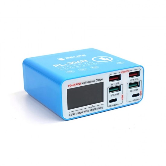 Relife RL-304N Smart Multi-functional 6 Port USB Charger - 87W Max (PD + QC 3.0) 