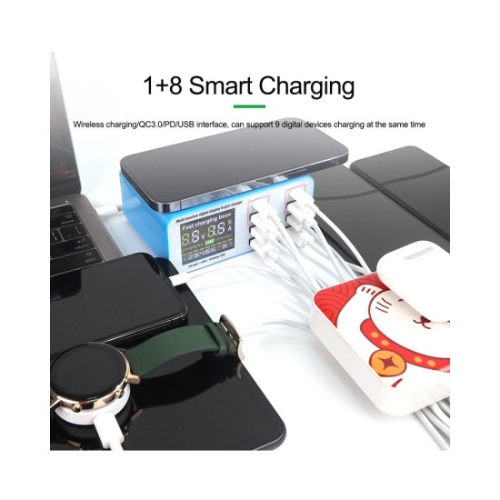 Relife RL-304S 8 USB+PD Port Smart Lightning Charger With Wireless (Upto 10W) Charging