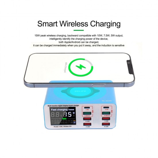 Relife RL-304S 8 USB+PD Port Smart Lightning Charger With Wireless (Upto 10W) Charging