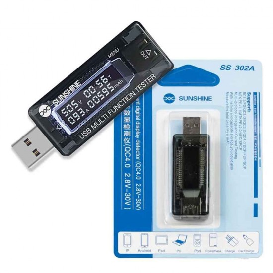 SUNSHINE SS-302A USB TESTER Compatible Quick Charge 2.0 and 3.0