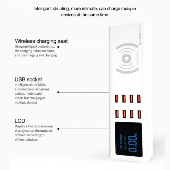 Sunshine SS-309WD Quick 8 Port USB Charger With Wireless Charging ( Upto 10W )